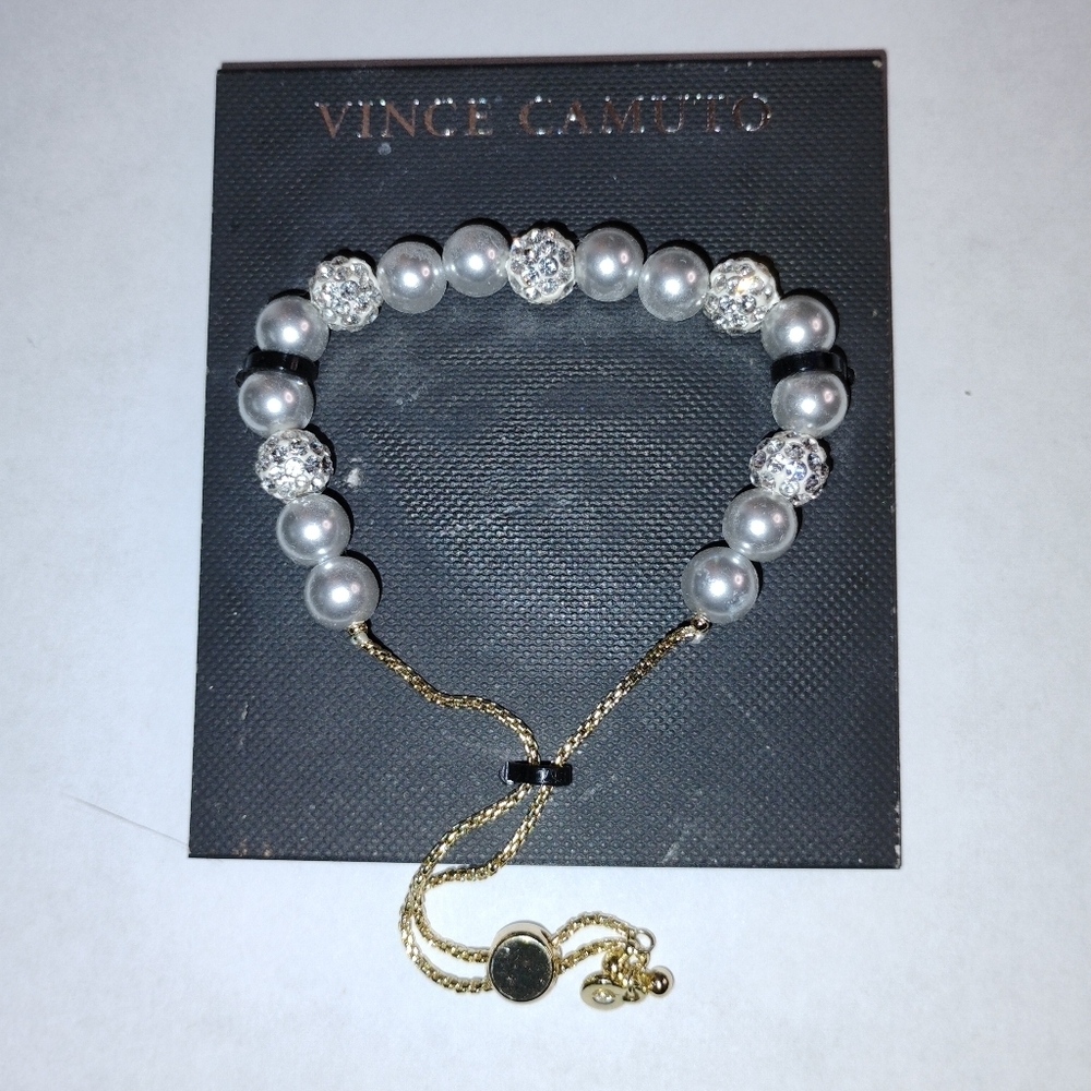 NWOT Vince Camuto Crystal and Simulated‎ Pearl Gold Tone Slider Bracelet - Picture 4 of 4